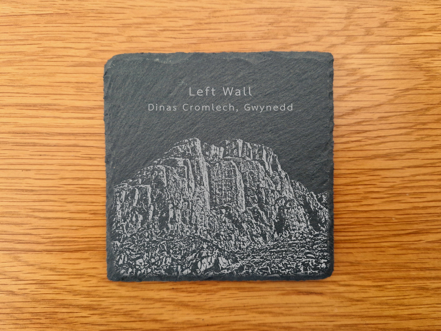 Slate coaster titled "Left Wall" showing Dinas Cromlech, Gwynedd
